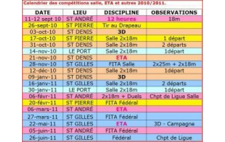 Calendrier de la saison